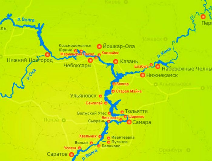 Карта: место слияния рек Камы и Волги.