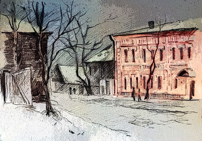 Аптека Бусыгина на Куренной улице. Рисунок: Анатолий Лыков, 1973 г.