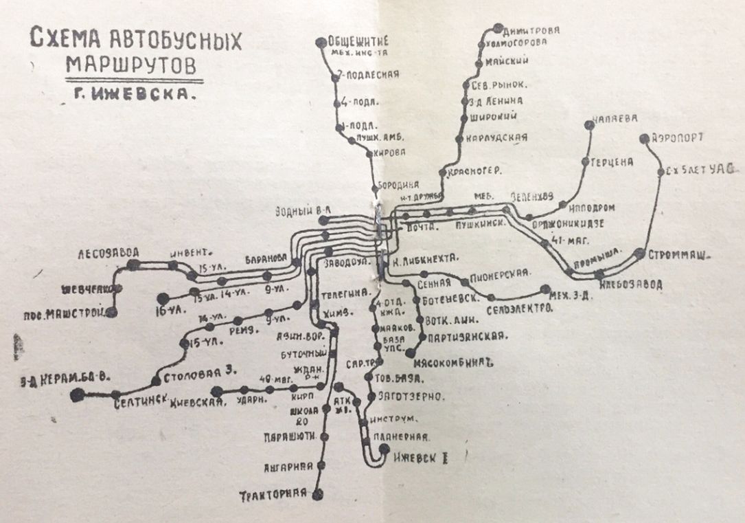 Схема автобусных маршрутов г. Ижевска. 1960–61 г.