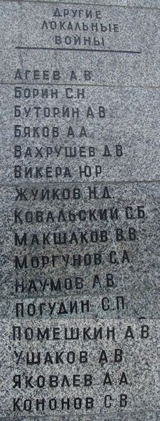 Фамилии погибшим в локальных войнах уроженцев Удмуртии. Монумент установлен в парковой зоне Дворца детского и юношеского творчества.