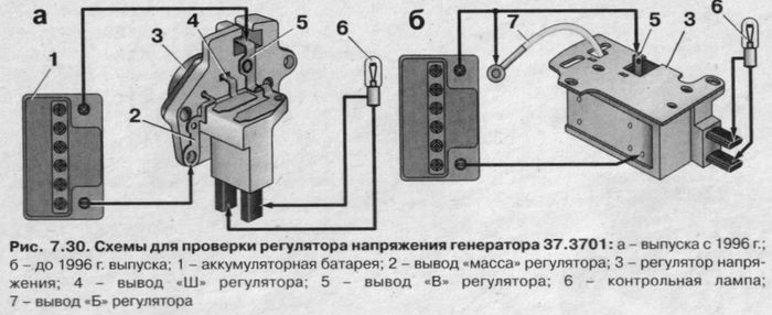 Схема для проверки регулятора напряжения генератора 37.3701