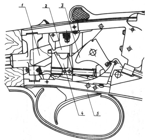Положение деталей спускового механизма ружья Иж-25 перед выстрелом из верхнего ствола.