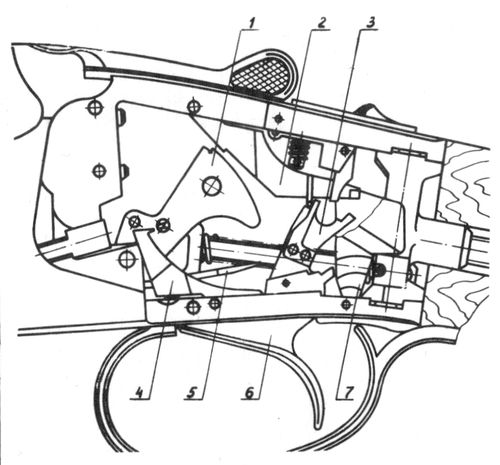Положение деталей спускового механизма ружья Иж-25 перед выстрелом из нижнего ствола.