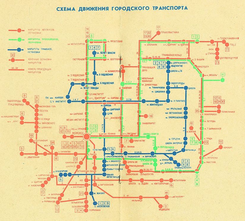 Схема движения общественного транспорта в Ижевске. Схема: "Путеводитель по Ижевску", 1981 г.