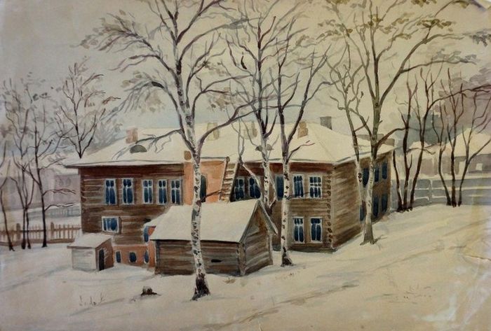 Здание Ижевской мужской гимназии, художник Шкляев Л. П., рисунок второй половины 1940-х годов.