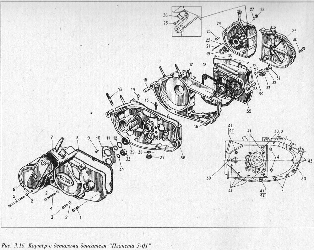 Картер с деталями двигателя Планета 5-01.