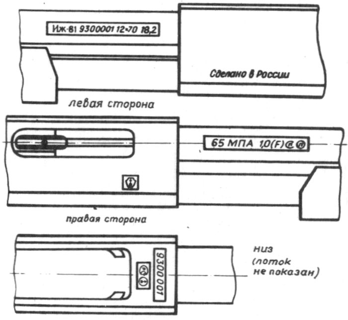 Маркировка, наносимая на детали и узлы ружья Иж-81.
Кроме этого, номер ружья наносится на левой стороне основания спускового механизма, а на затворе ставится знак проверки прочности ружья испытательным патроном.