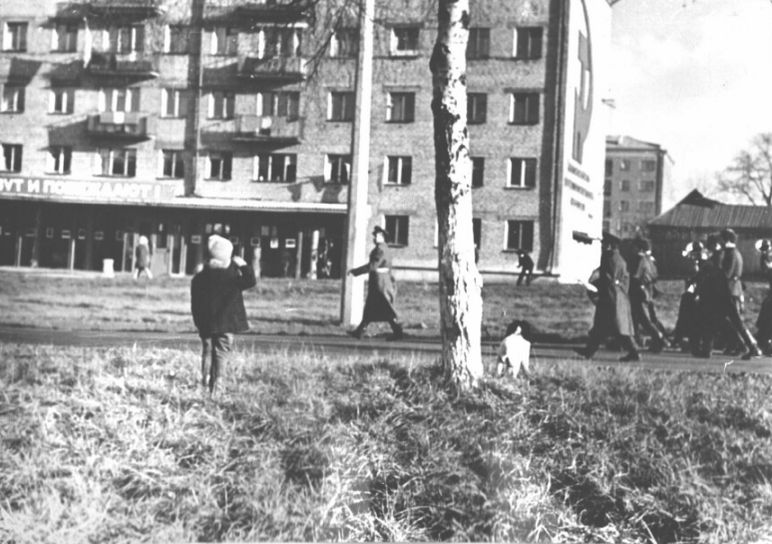 Парад на улице Пушкинской. Впереди дом Пушкинская 242. Рядом с ним можно увидеть остатки деревянной застройки. Фото 1970-80-х годов.